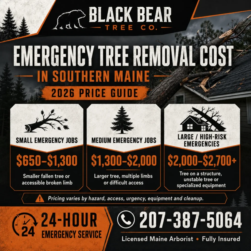 Emergency tree removal cost in Southern Maine showing 2026 prices from $650 to $2,700 or more