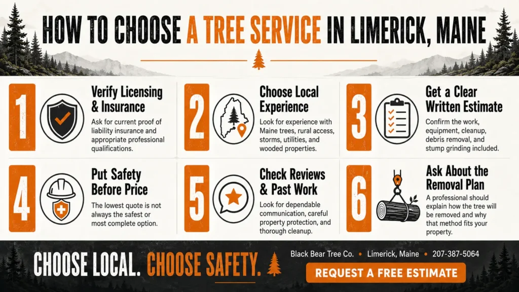 Landscape infographic explaining how to choose a tree service in Limerick Maine