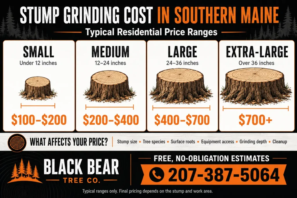 Stump Grinding Cost in Southern Maine pricing infographic showing typical costs by stump size from $100 to $700 or more.