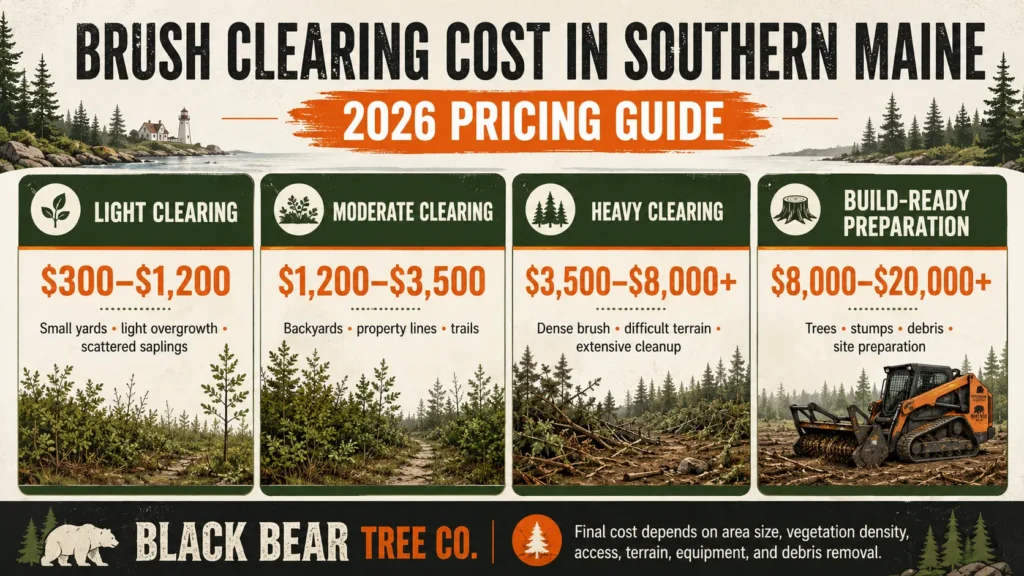 Brush clearing cost in Southern Maine infographic showing 2026 pricing ranges for light, moderate, heavy, and build-ready clearing projects.