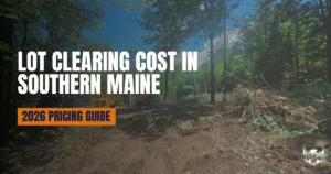 Lot Clearing Cost in Southern Maine featured image showing professional tree and brush clearing on a wooded Maine property.