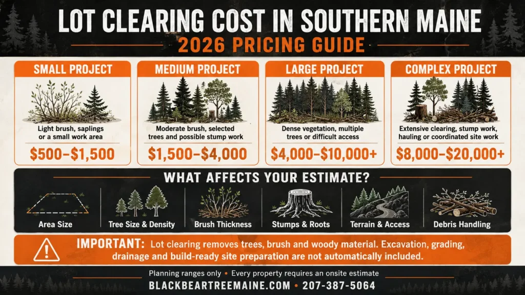 Lot Clearing Cost in Southern Maine infographic showing 2026 pricing ranges and the main factors affecting lot-clearing estimates.