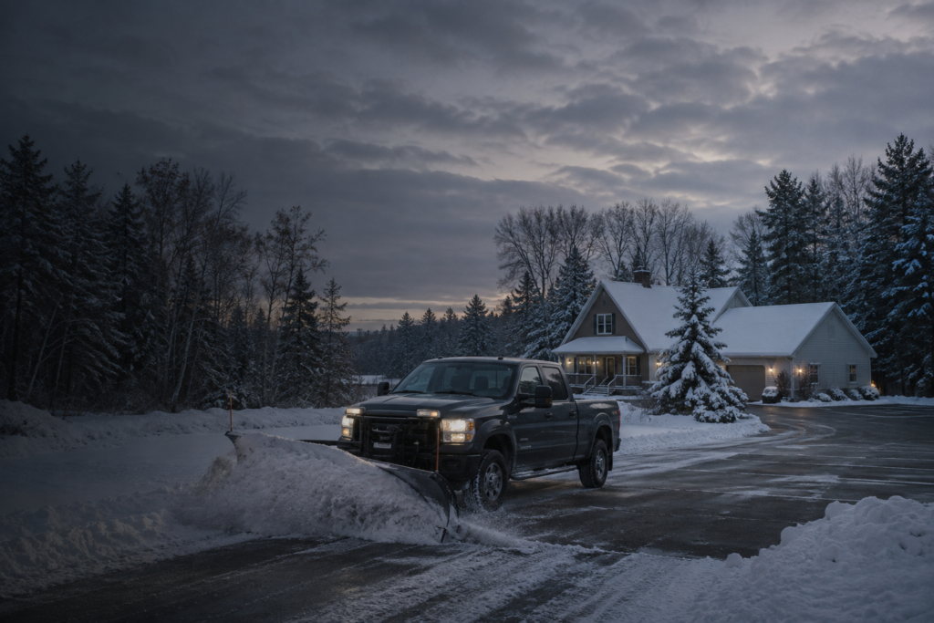 Snow removal in Southern Maine with a commercial plow clearing a residential and commercial property