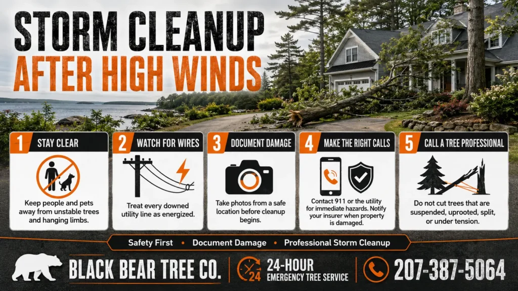 Storm cleanup tree service Maine infographic showing the safety steps property owners should follow after high winds and tree damage.