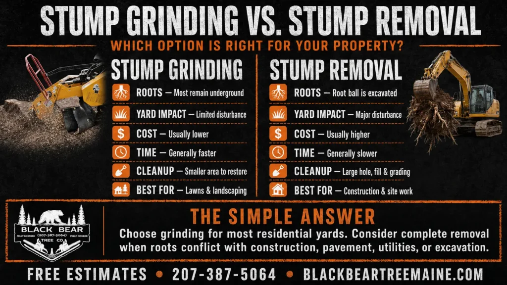 Stump Grinding vs Stump Removal infographic comparing cost, roots, yard disturbance, cleanup, project time, and best uses.