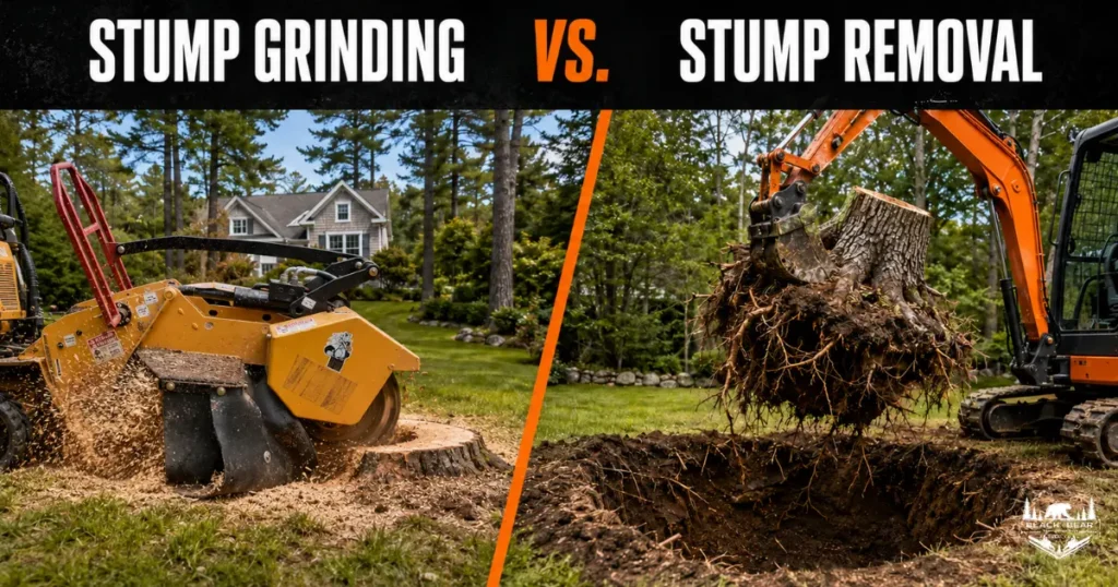Stump Grinding vs Stump Removal comparison featuring a stump grinder and an excavator removing a root ball.
