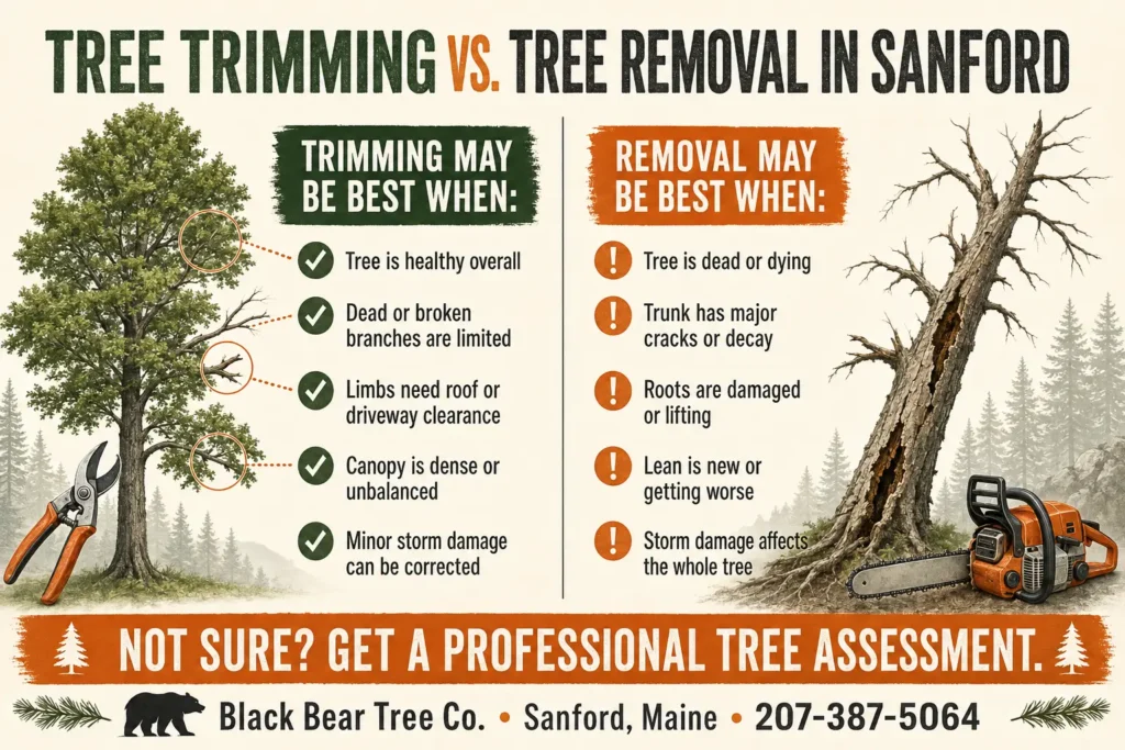 Tree trimming vs tree removal in Sanford, Maine infographic comparing when to trim a tree and when removal may be necessary.