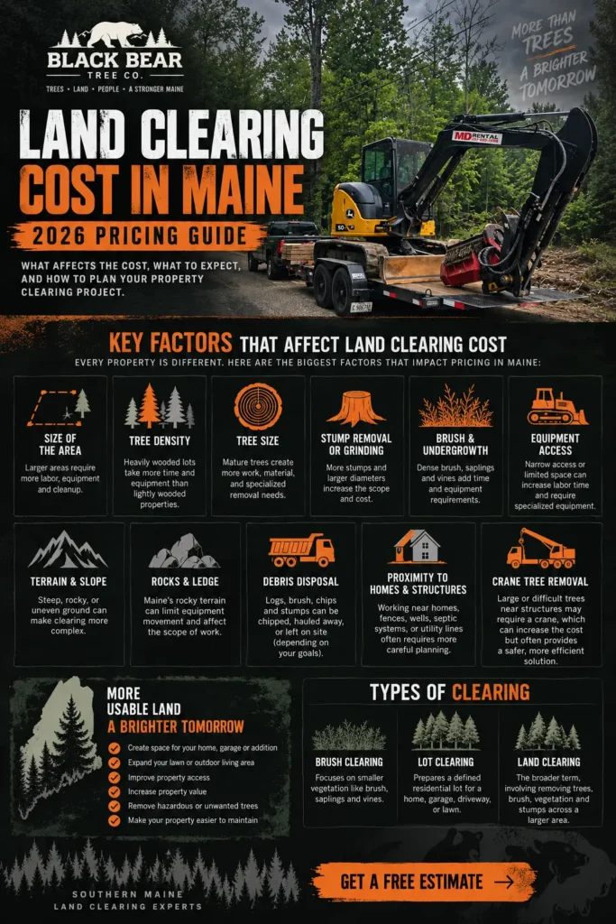 Land clearing cost in Maine 2026 infographic showing key pricing factors and types of land clearing